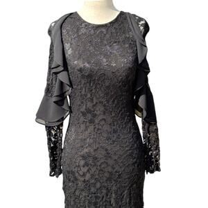 Belle by Badgley Mischka Black Stretch Long Sleeve Lace Sheath Dress 2